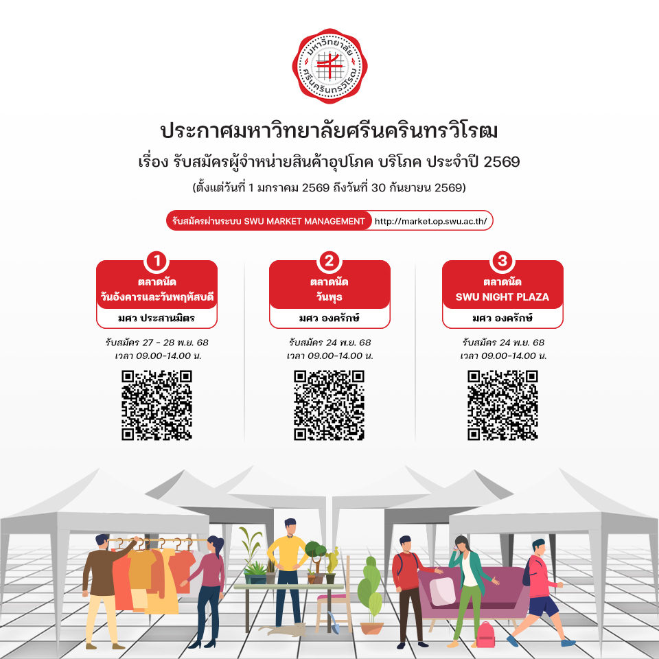 ประกาศรับสมัครผู้จำหน่ายสินค้าอุปโภค บริโภค ประจำปี 2569 ณ มหาวิทยาลัยศรีนครินทรวิโรฒ ประสานมิตร และ องครักษ์